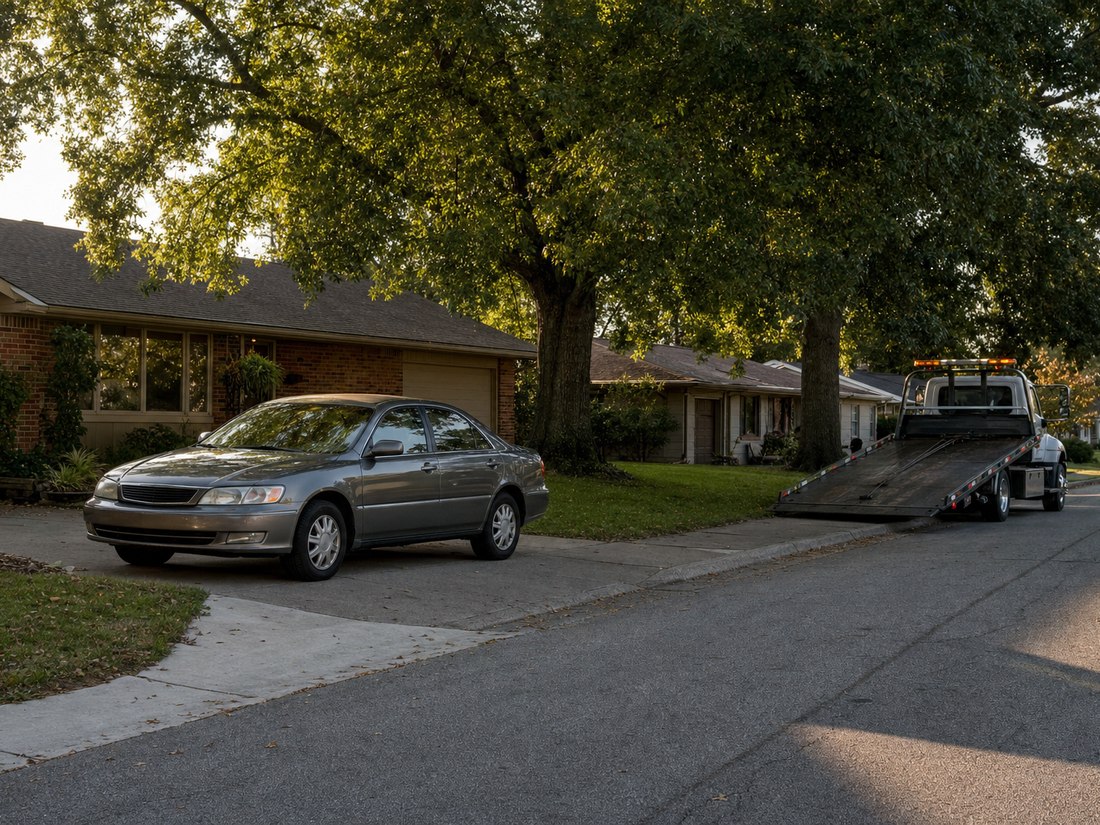A sedan in a Tulsa driveway with a flat-bed truck waiting at the kerb