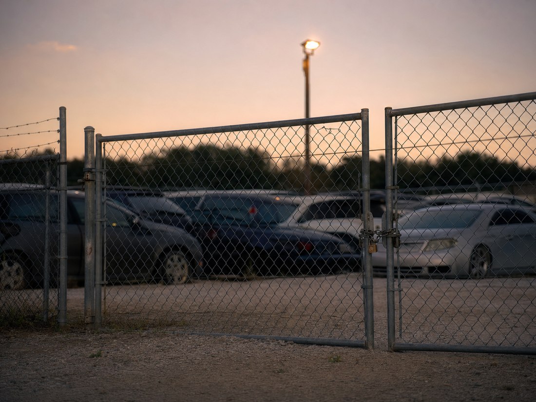 The locked gate of a gravel impound yard at dusk