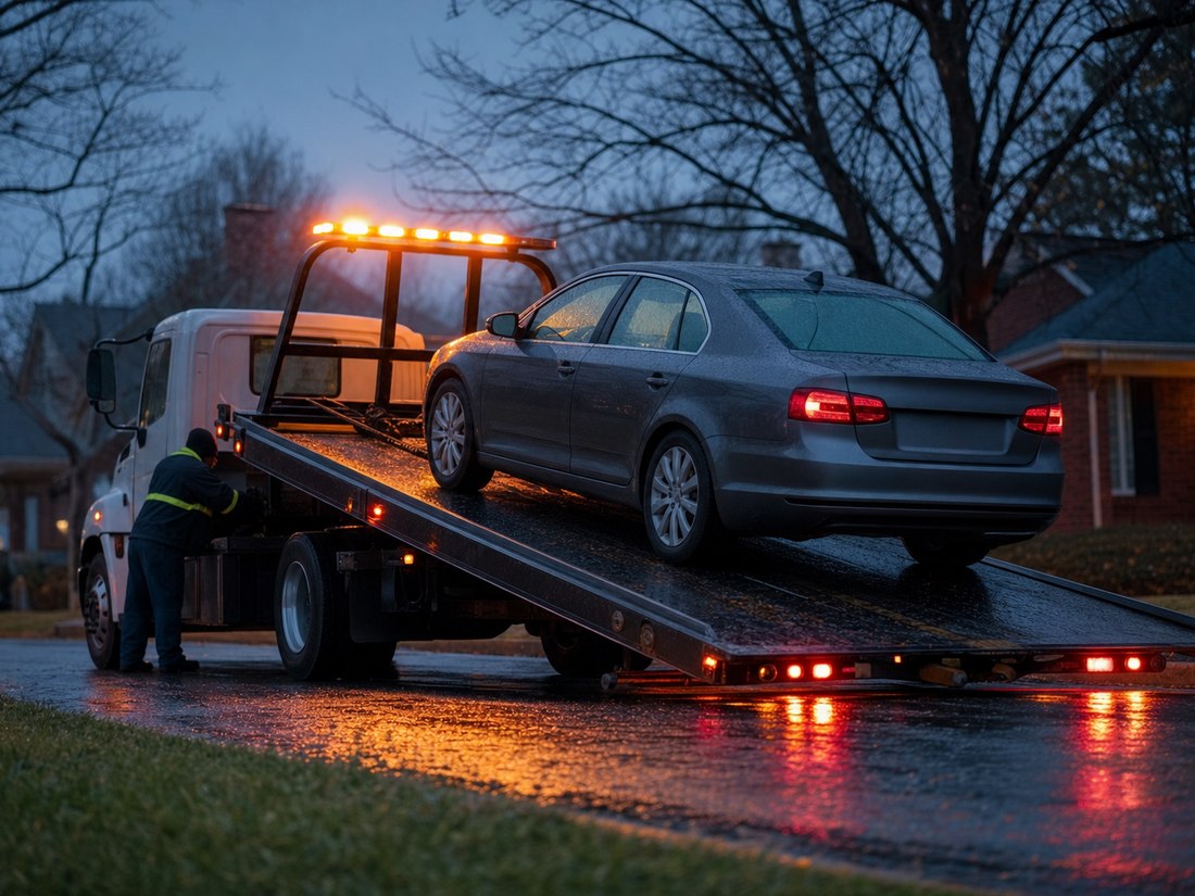 A flatbed tow truck at dusk on a wet Tulsa street, amber lights on, winching a sedan onto its bed