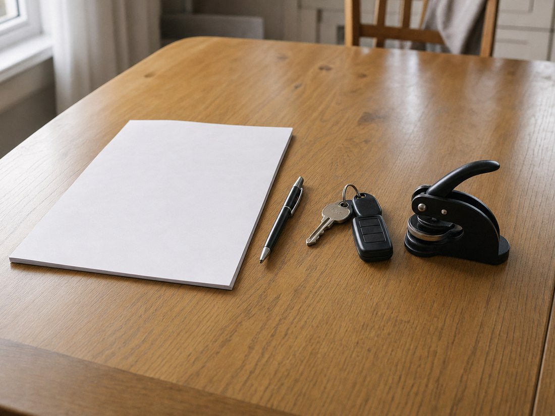Title paperwork, keys and a notary embosser on a kitchen table